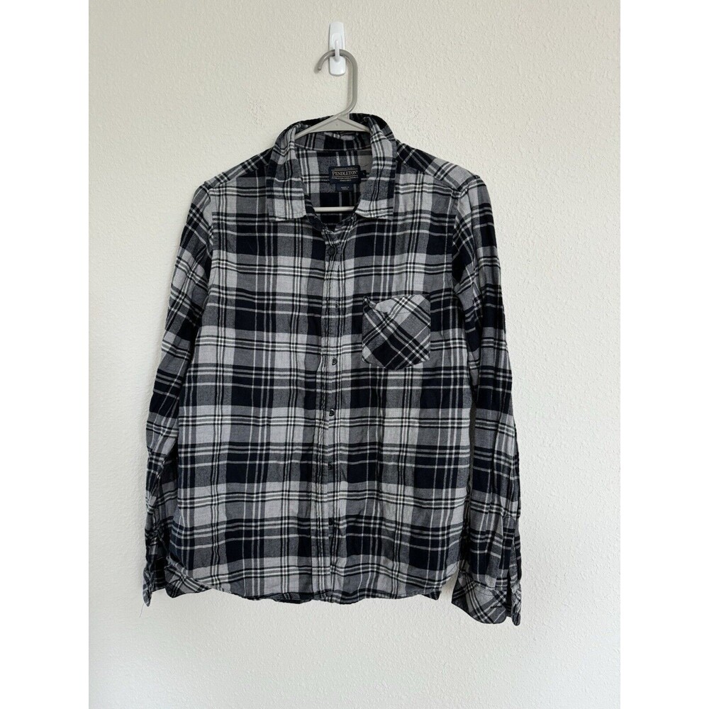 VINTAGE PENDLETON BUTTON UP SHIRT LARGE MEN GRAY PLAID FLANNEL USA MADE OUTDOORS